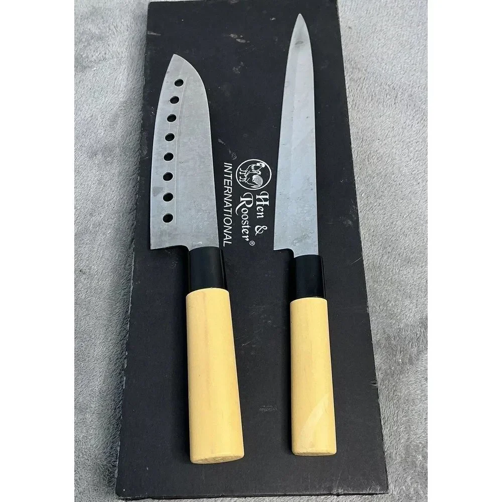 Hen & Rooster Three Piece Kitchen Knife Set 2pc Tan Wood Stainless‎ K100